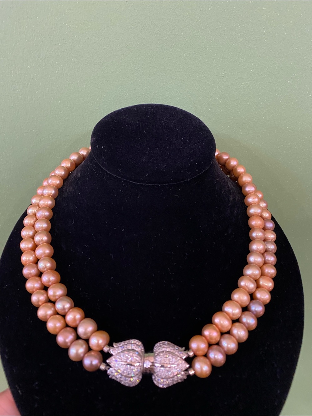 Double Strand Copper fresh water Pearl Necklace with Pave Clasp